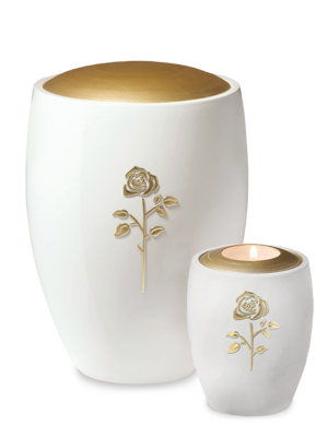 Urne 164 Weiße glasierte Keramikurne mit Rosenrelief