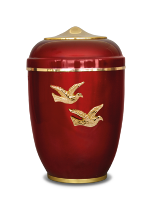 Urne 191 Rote Metallurne mit Messing-Emblem "Taubenpaar"
