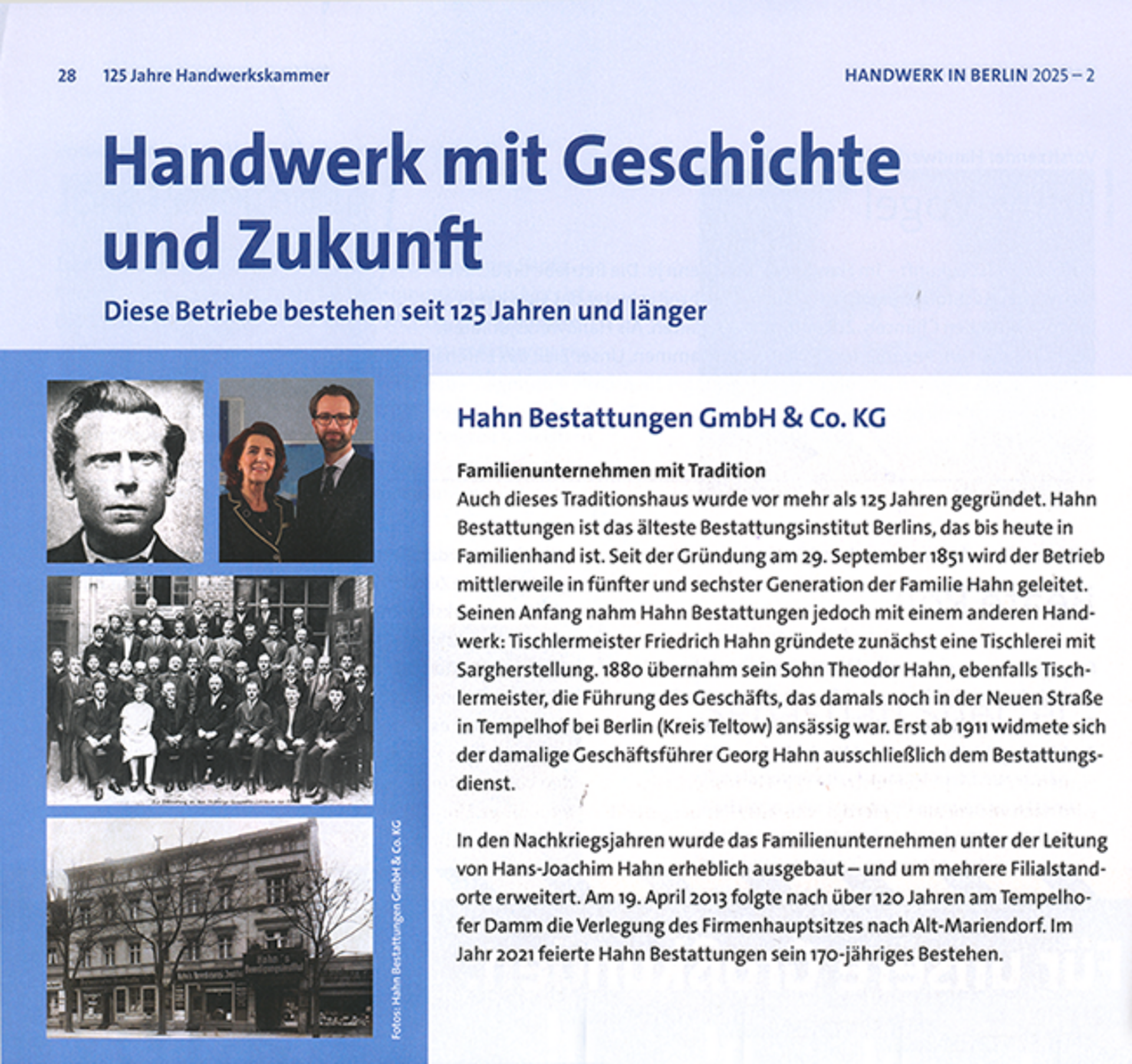 Artikel über Hahn Bestattungen der Handwerkskammer Berlin.