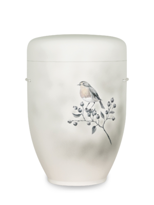 Handbemalte Naturstoffurne "Rotkehlchen auf Vogelbeere" Wahlmotiv #3117