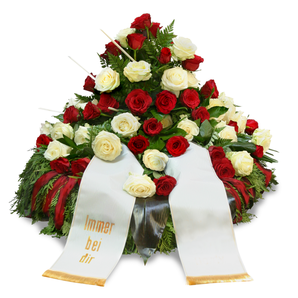Blumenkranz 02, aus roten Rosen, weißen Rosen, Thuja, Farn