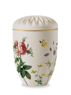 Urne 225 Cremefarbene Naturstoffurne mit Motiv "Blumenwiese"