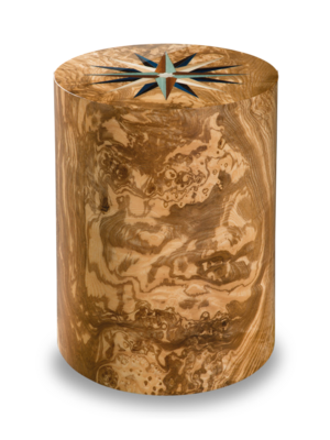 Urne 304 Holzurne mit Oberfläche aus Oliven-Wurzelholz und Windrosen-Intarsie
