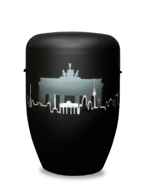 Urne 232 Schwarze Naturstoffurne mit Berliner Skyline und Brandenburger Tor