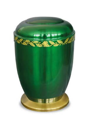 Urne 120 Moosgrüne Metallurne mit Eichenlaubband und Sockel