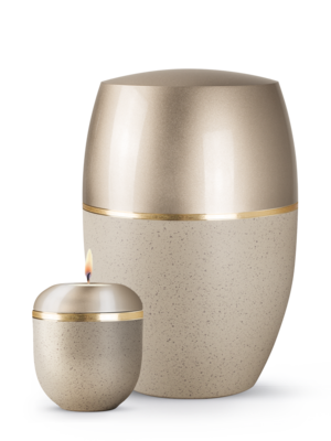 Urne 383-1 Zweifarbige Naturstoffurne, konvexe Form mit Metalliceffekt und Goldband