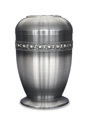 Urne 136 Silberfarbene Metallurne mit Rosendekor-Band