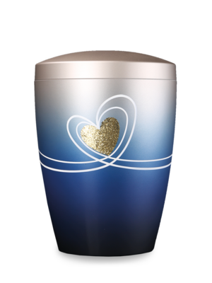 Urne 298 Blau-silbergraue Naturstoffurne mit handgestaltetem Motiv "Glitzerherz"