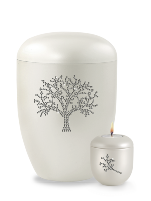 Urne 234 Weiß-perlmuttfarbene Naturstoffurne mit Baum aus Swarovski-Kristallen